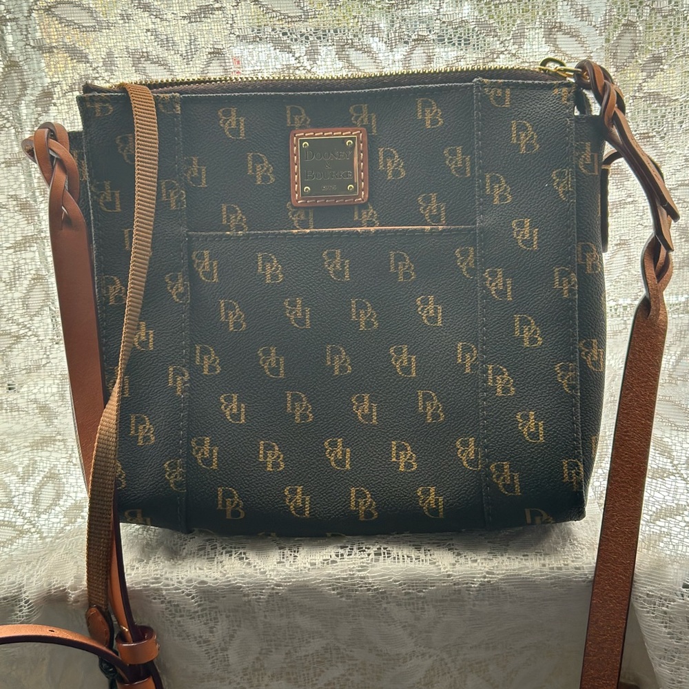 Never worn small cross-body purse. Dark brown body with light brown strap.